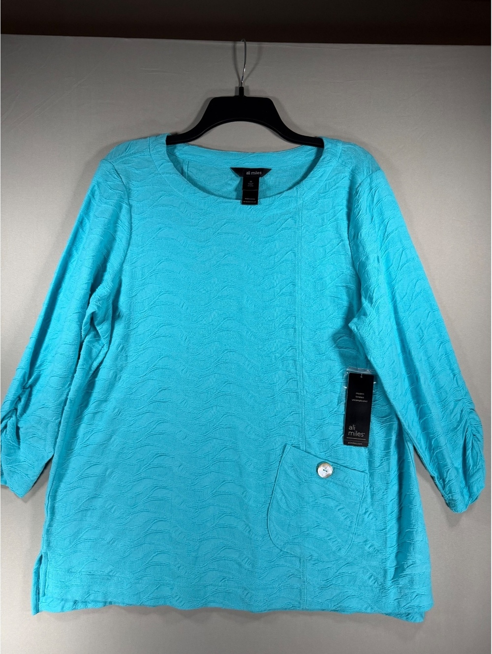 Ali Miles Women's Medium Turquoise Cotton Textured Long Sleeve Blouse NWT